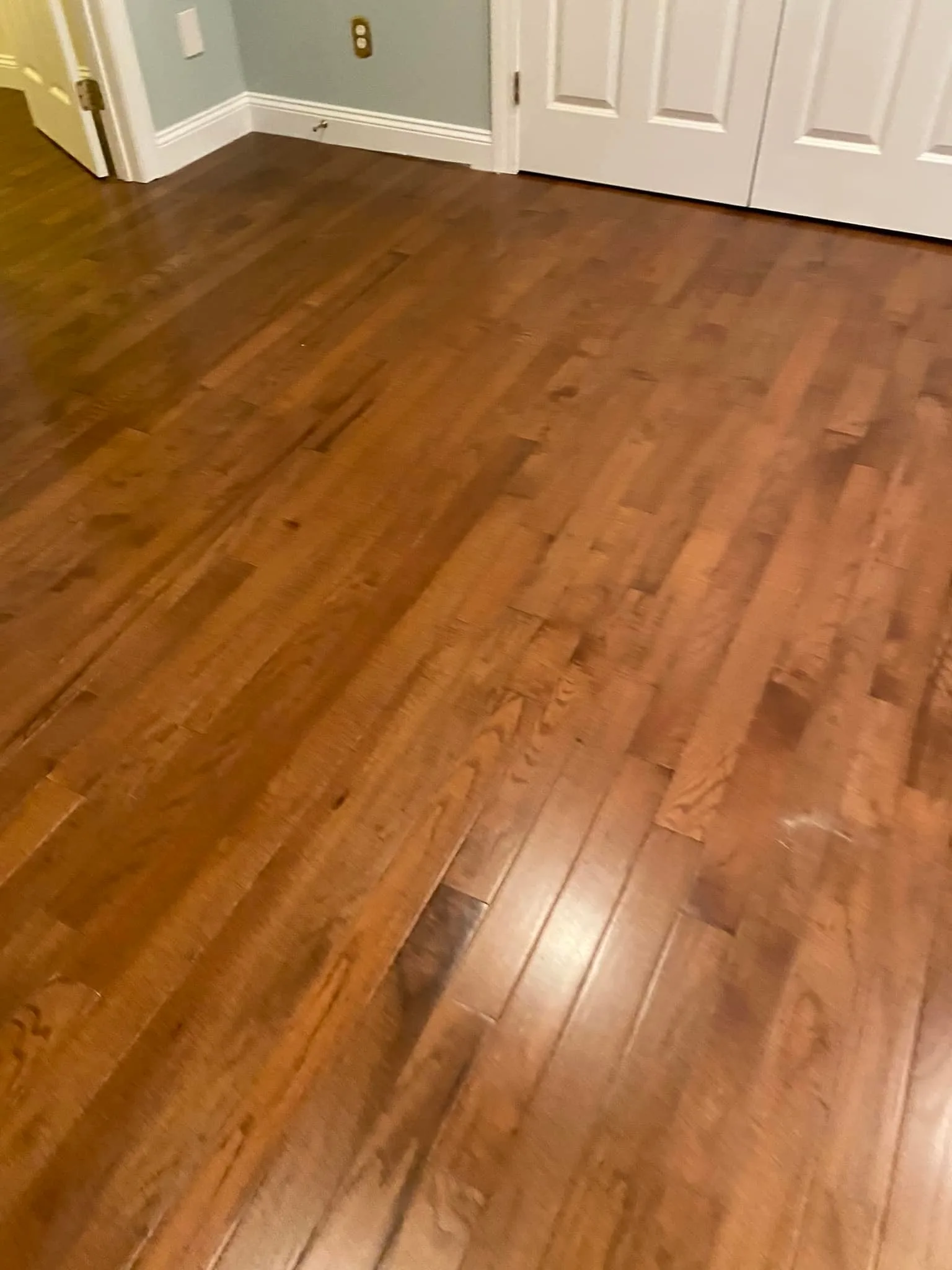 Finished view of a hallway and closet doors following the oak hardwood flooring installation.