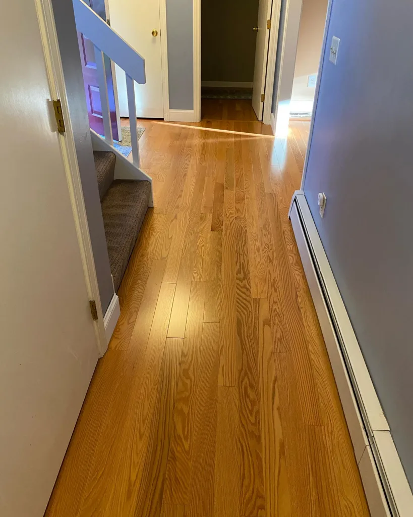 Polished hallway perspective highlighting the smooth texture of the glossy wood floor refinishing.